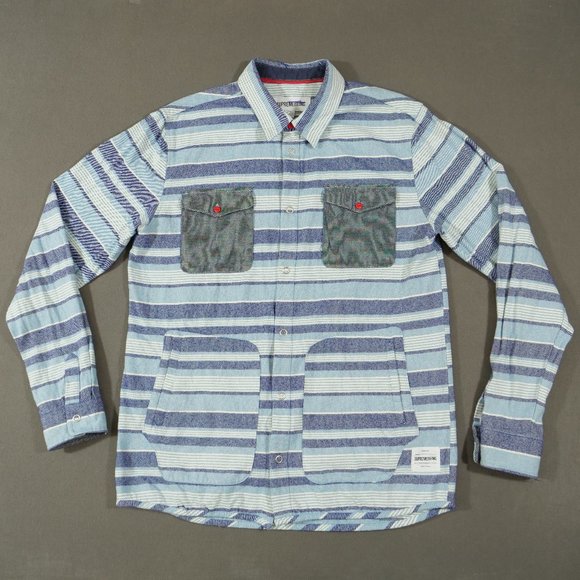 Supremebeing Shirt Mens Large Blue White Button Up Striped Flannel Pockets - Picture 1 of 15